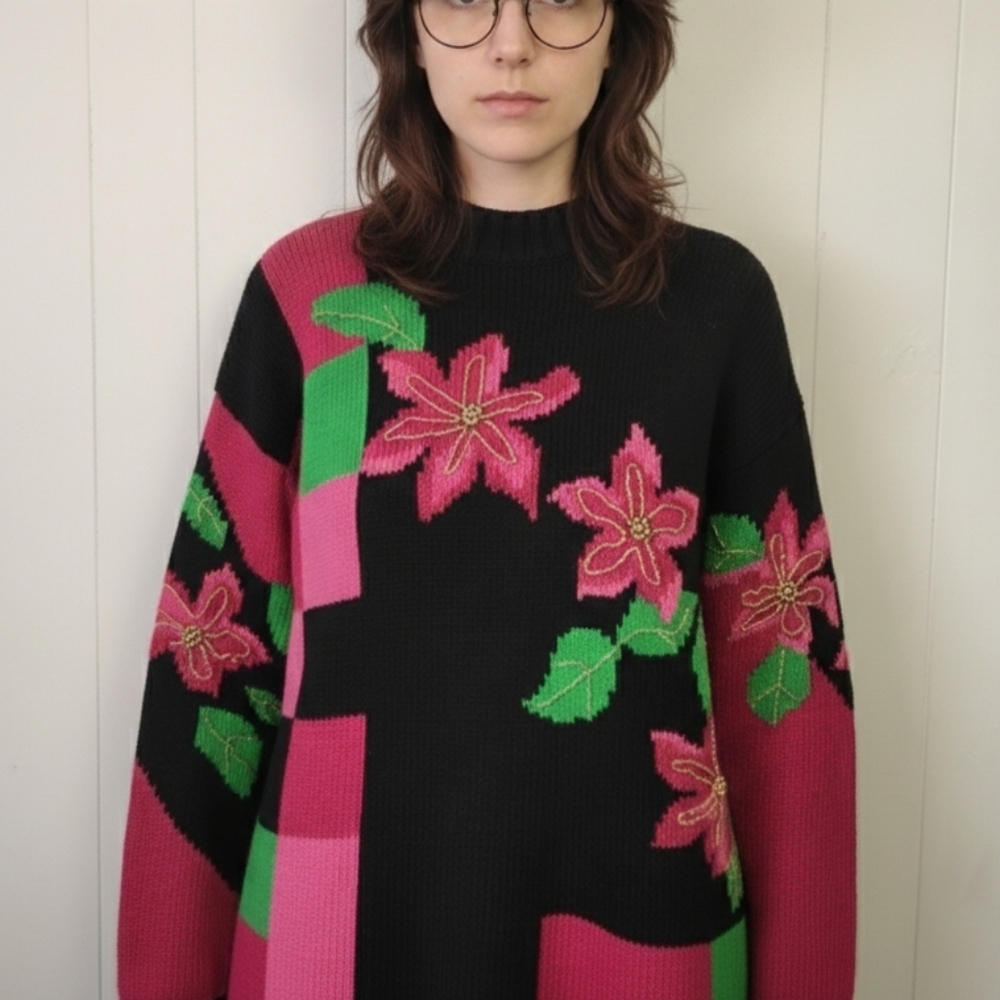 Vintage Oversized Pink Black Floral Knit Sweater High Neck Gold Beaded Size Med
